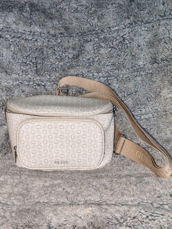 Guess Handbags - GUESS Hailley Cream Logo Canvas Crossbody with Beige Strap​